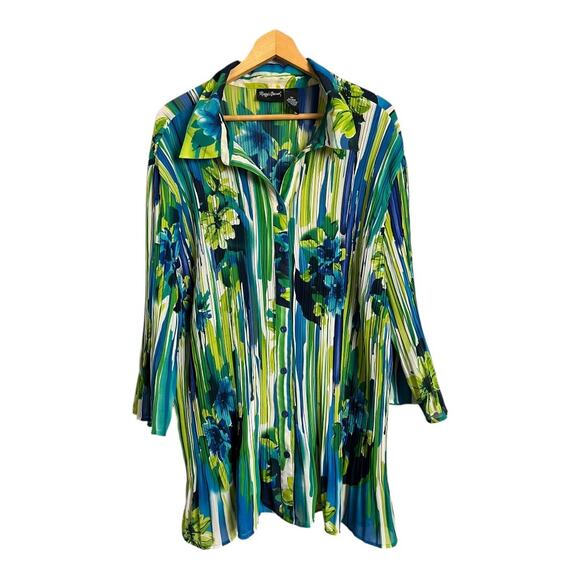 Maggie Barnes Blouse Women's 4X Green Blue Floral Print Pleated Long Sleeve Top - Picture 1 of 6